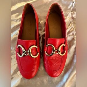 Elegant Red Leather Loafers with Gold Accents